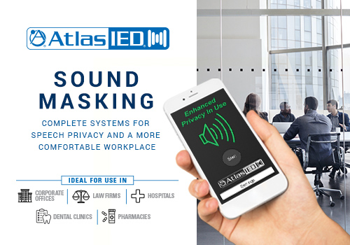 Hand holding a mobile device showing alert from sound masking system for speech privacy at the workplace