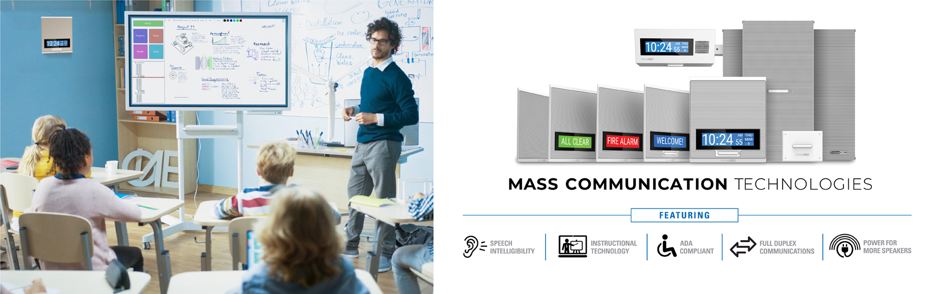 IPX speakers & visual displays for mass communication showing its speech intelligibility, ADA-compliant features & more