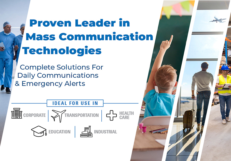 AtlasIED proven leader in mass communication technologies showing a hospital, classroom, airport, manufacturing facility