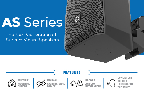 Black AS-Series surface mount speaker showing different features